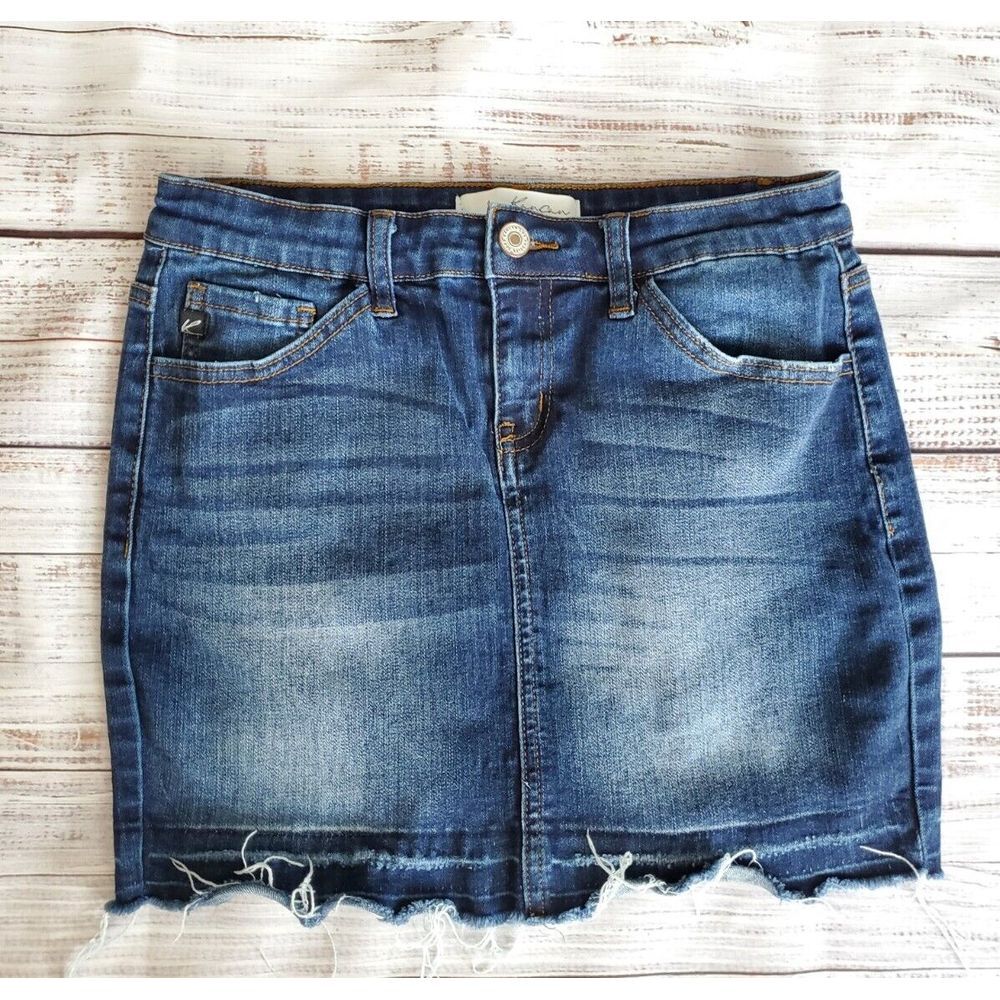 Kancan Womens Blue Jean Skirt Straight Distressed Mini Size 5/26 Festival Boho